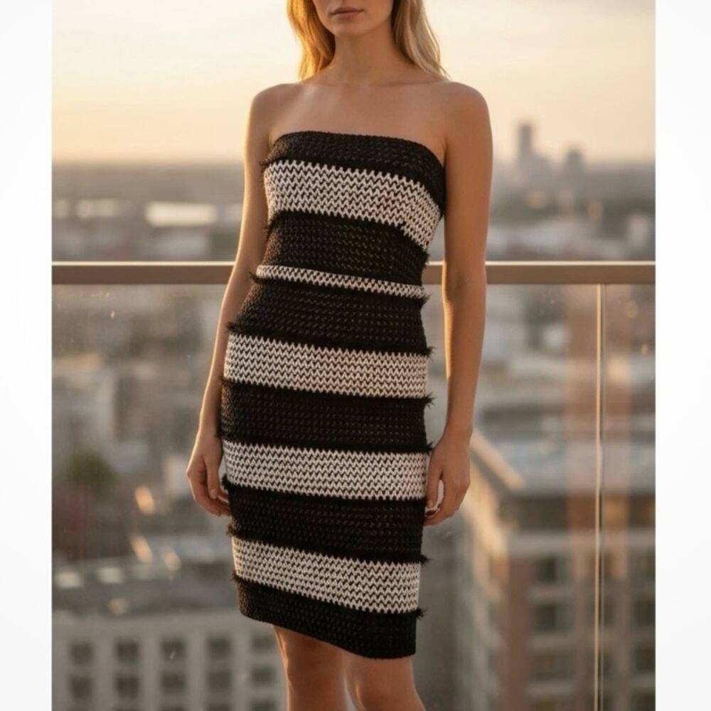 Black Halo EVE Laurel Berman Cocktail Sheath Dress 8 Strapless Fringe Textured